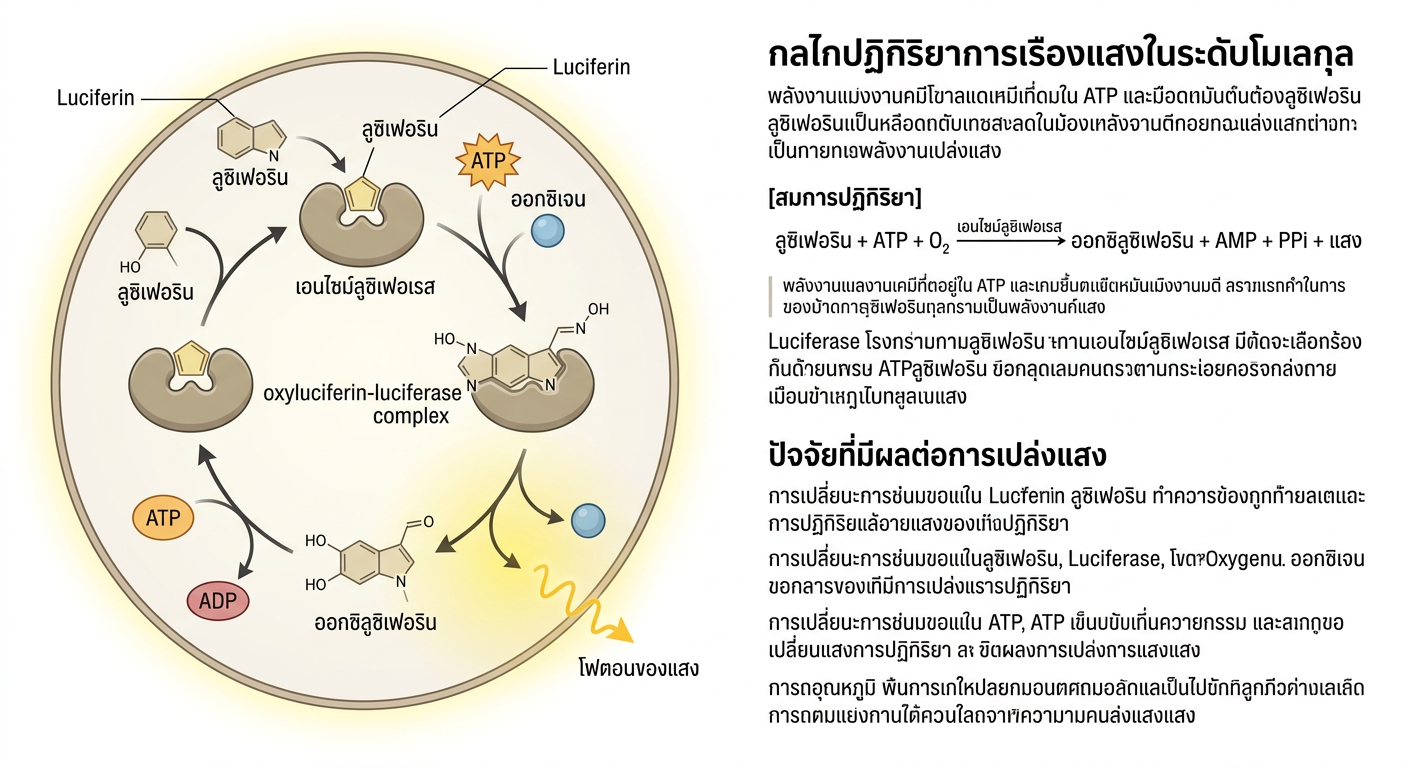 ภาพประกอบปฏิกิริยาเคมีเรืองแสง (Bioluminescence) แสดงโมเลกุลและการเปล่งแสงในระดับจุลภาค